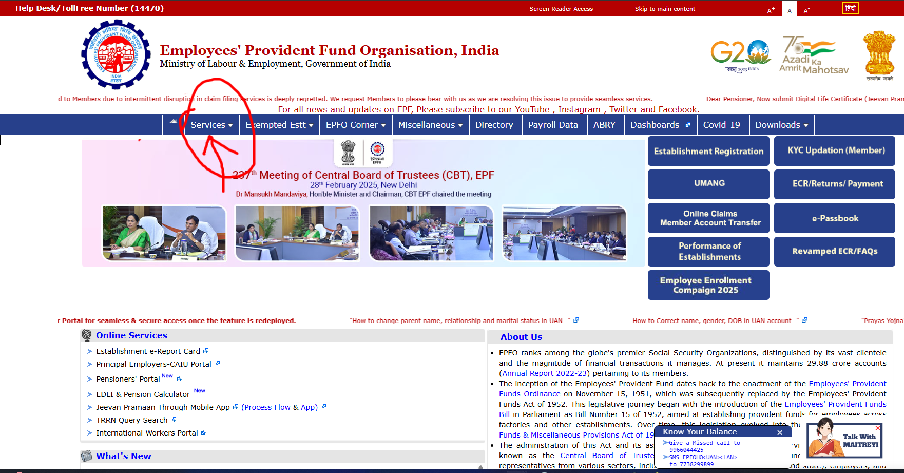 Screenshot of EPFO member login page on epfindia.gov.in for accessing PF account details